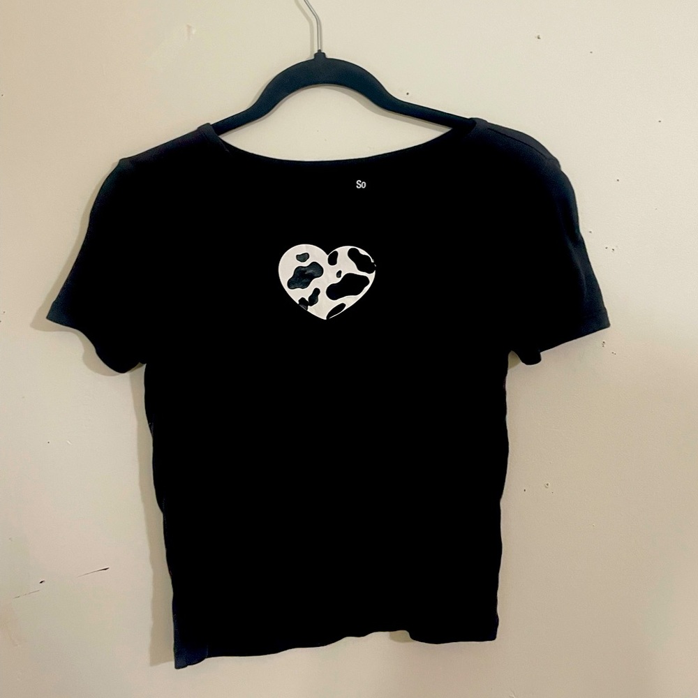 black cow print heart tee